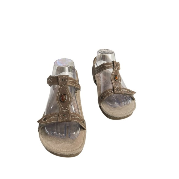 Aetrex Lori Sandals Women's 7 Brown Leather Cork Wedge T-Strap Comfort Beaded - Picture 3 of 15